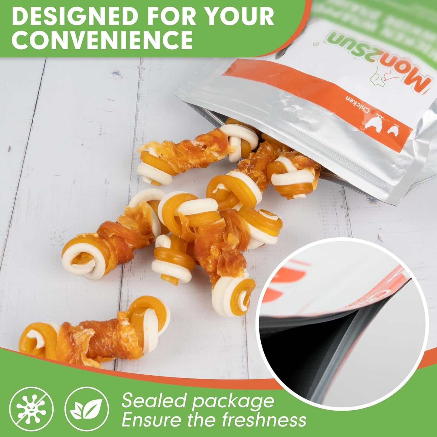 MON2SUN 2.5" Rawhide Free Dog Treats with Mixed Vegetables, Chicken Wrapped Mini Knot Bones for Small Dogs, Healthy Snacks for Balanced Nutrition, 10.6oz