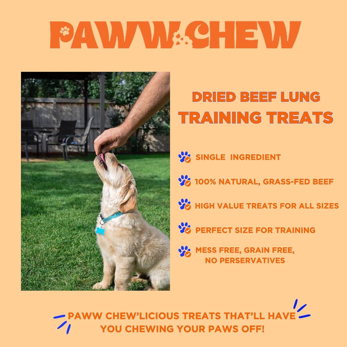PAWW CHEW Beef Lung Dog Treats, 100% Natural, Single Ingredient, (1 Pound) Made in The USA, Dried & Dehydrated, High Protein, High Value Dog Training Treats, Grain Free, Low-Odor Free for All Breeds