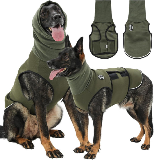 Dog Anxiety Vest with Hood, Skin-Friendly Thunder Jacket for Dogs, All-in-One Dog Calming Shirt with Hood for Thunder, Fireworks, Separation - Keep Pet Calm Without Medicine, Army Green, L