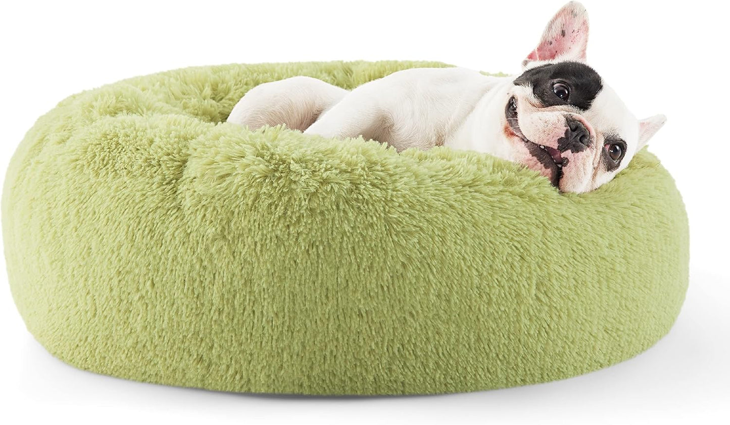 Bedsure Calming Dog Bed for Small Dogs - Donut Washable Small Pet Bed, Round Anti-Slip Fluffy Plush Faux Fur Large Cat Bed, Fits up to 25 lbs Pets, Green, 23 inches