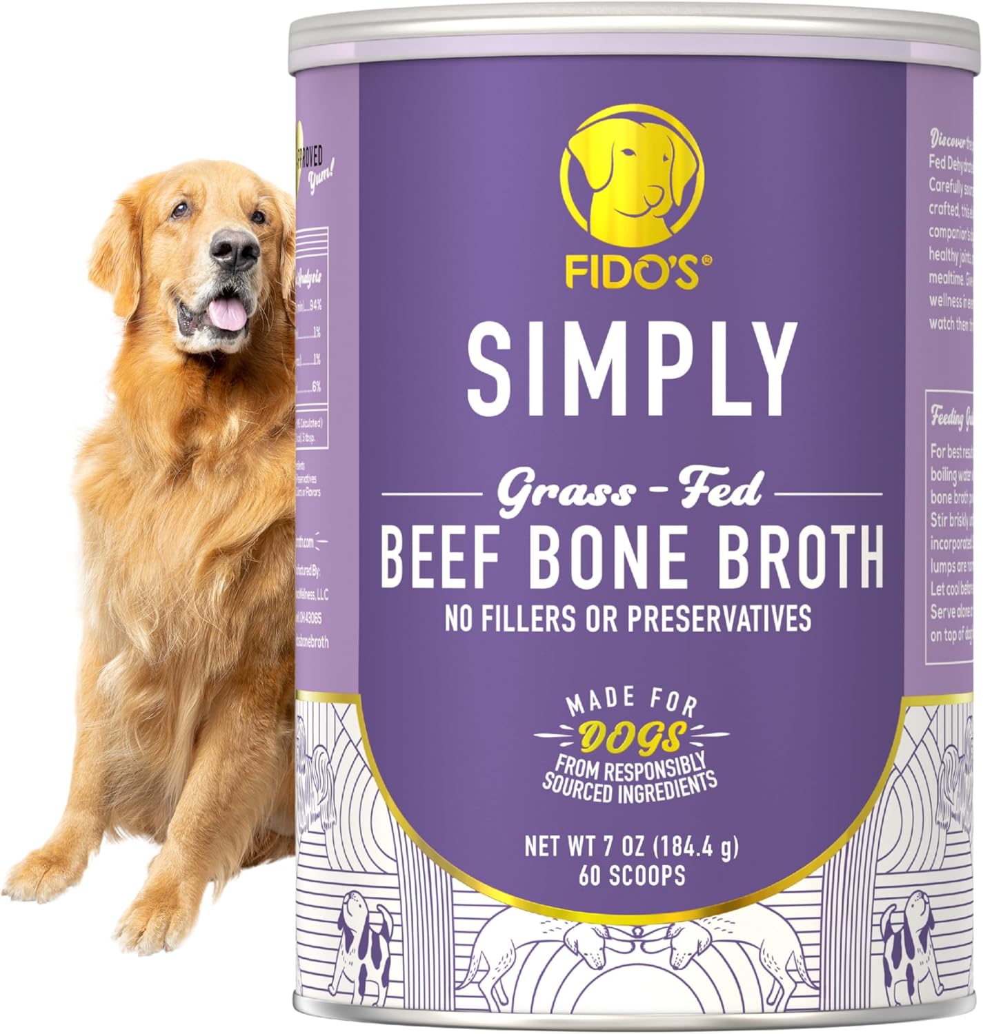 Fido's Grass-Fed Beef Bone Broth for Dogs 7oz with 94% Protein - Picky Eaters Human Grade Bone Broth Powder for Dogs - Made in USA - No Preservatives - Supports Joints + Gut Health - 60 Scoops