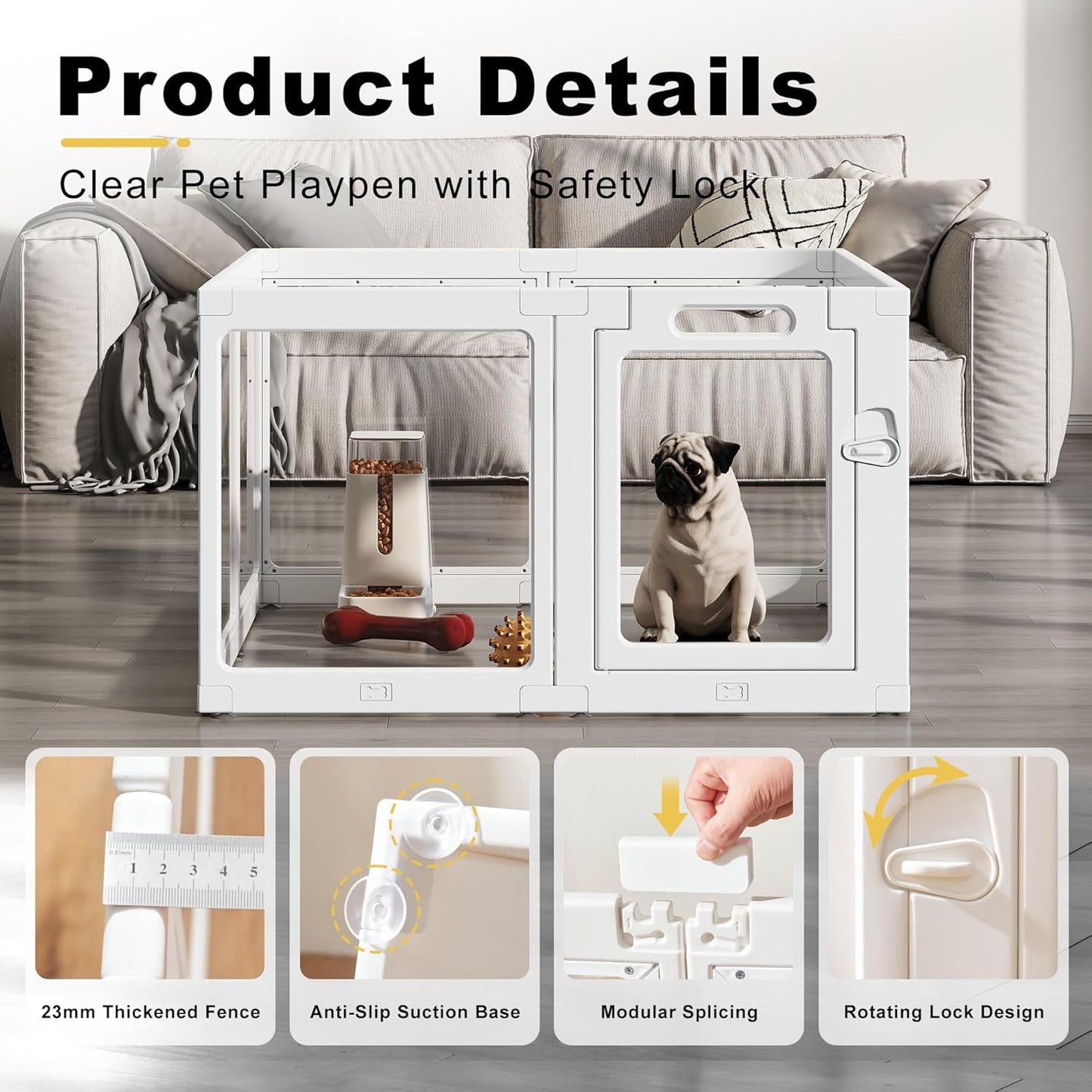 Clear Acrylic Dog Playpen Indoor, Puppy Cat Small Pet Play Pen, Pet Cat Foldable Playpen for Rabbits, Dog Fence Crate Kennel Whelping Cage (White, 8 Panel)