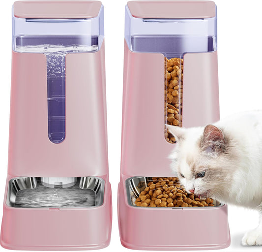 Automatic Cat Feeder and Cat Water Dispenser Set with Stainless Steel Bowls Gravity Dog Feeder for Small Medium Big Dog Pets Puppy Kitten, 3.8L x 2 (Pink)
