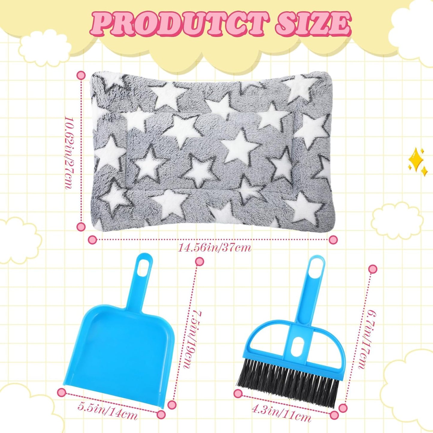 Tudomro 10 Pcs Guinea Pig Bed Mat with Cleaning Dustpan Brush 15" x 11" Animal Bedding Fleece Bunny Sleeping Pad for Small Dogs Cats Rats Hedgehogs Ferrets Hamster Indoor(Dots Star)