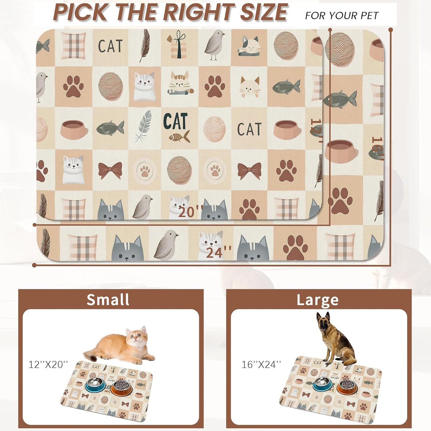 Cute Cat Toy Print Dog Food Mat for Floors,Absorbent Pet Food and Water Bowl Mats,Non-Slip Pet Feeding Mat,Pet Supplies 16" x 24"