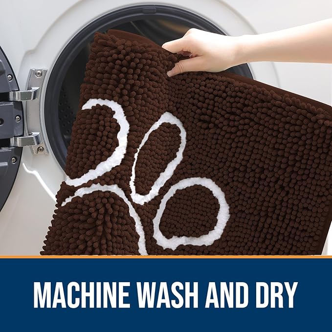 OLANLY Door Mat for Muddy Dog Paws 70x46, Ultra Absorbent Chenille Mud Doormat with Paw Print Design, Non-Slip Washable Doormat for Indoor Entryway, Quick-Dry Pet Bed Mats for Dirty Dogs, Brown