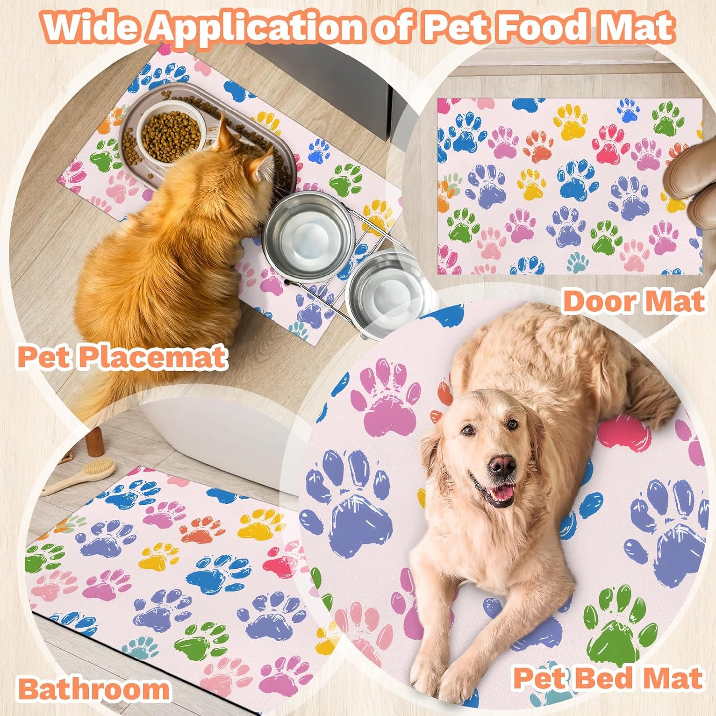 Dog Food Mat Absorbent Dog Cat Bowl Mat for Food and Water, Quick Dry Pet Feeding Placemats Non-Slip Feeding Mats Pet Supplies, Dog Paw Print, 24" x 32"