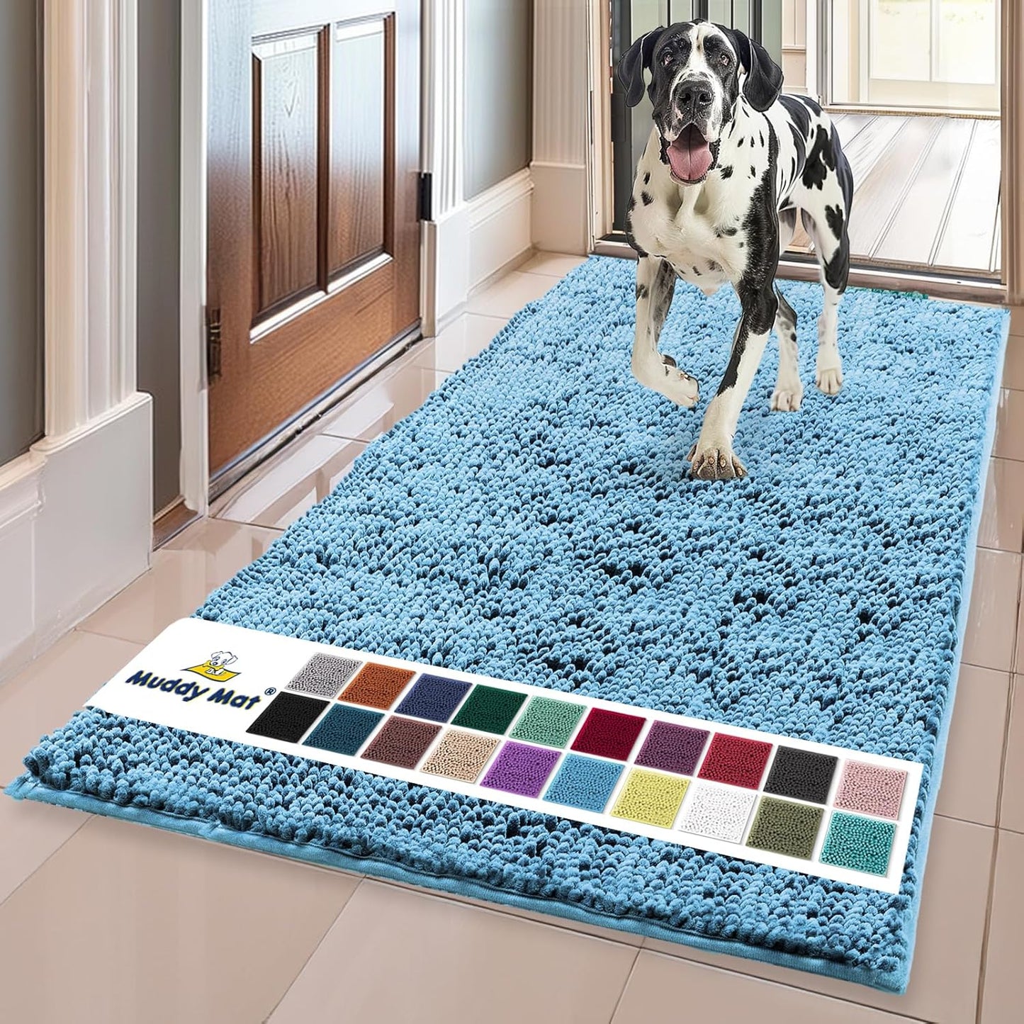 Muddy Mat® Original Dog Door Mat for Muddy Paws, Super Absorbent Microfiber, Non-Slip Washable Pet Rug, Quick Dry Chenille Entryway Carpet, Machine Washable Indoor Outdoor mat, Sky Blue 35"x60"