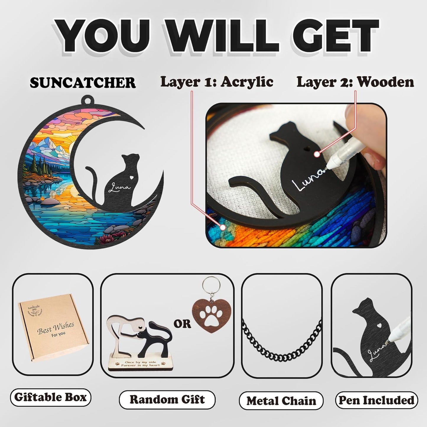 6'' DIY Cat on Moon Memorial Suncatcher, Personalized Name Cat Sympathy Ornament Window Hanging, Ideas Gift for Loss of Pet Passing Away, Remembrance Keepsake for Pet Lovers SCC-B2-6-03