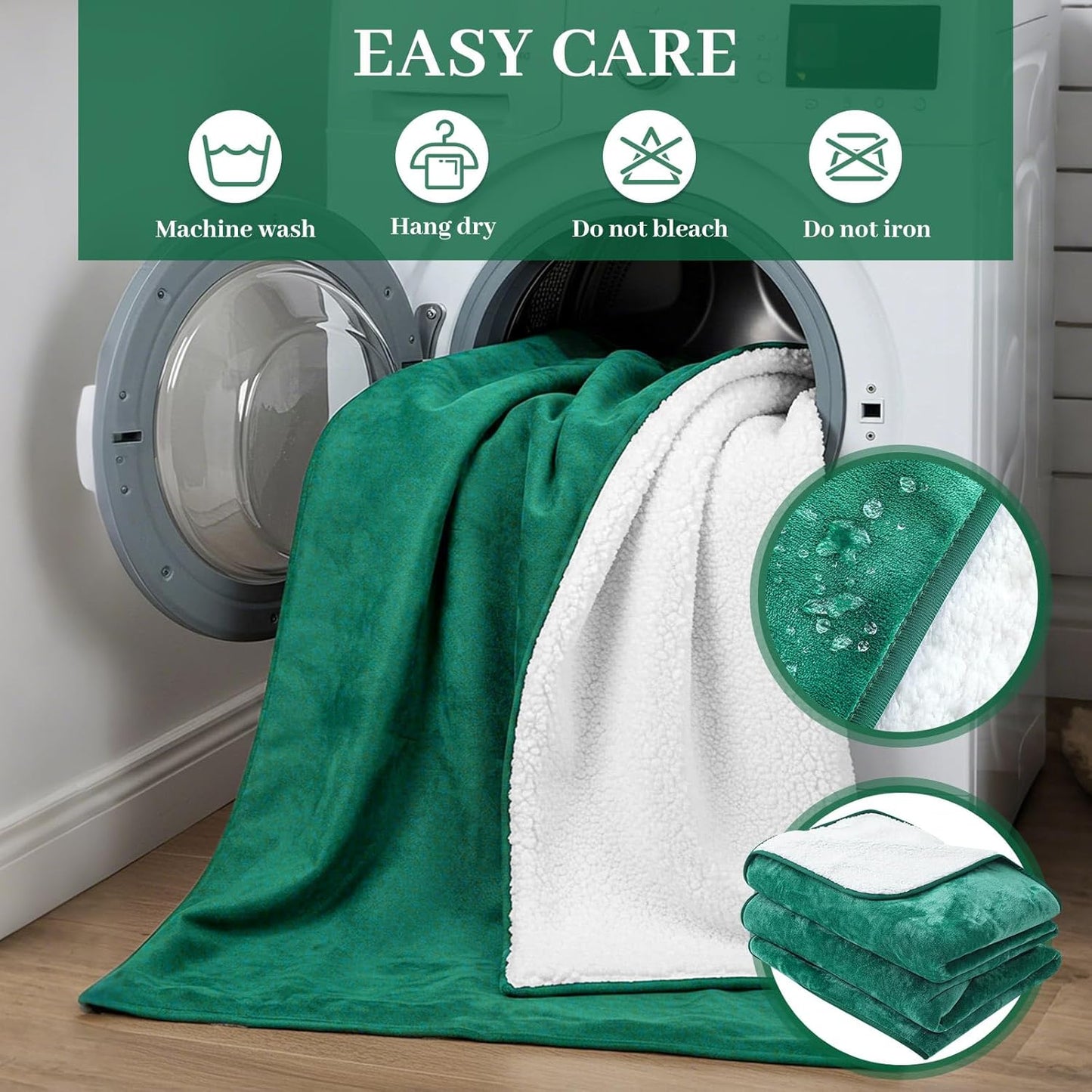 Love Green Waterproof Bed Blanket, Queen Size 80'' x 80'' Double Side Leakproof Reversible Sherpa Flannel Fleece 3 Layer Lightweight Blanket, Absorbs 70oz