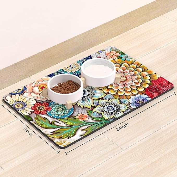 Rnivvi Dog Food Mat, 16" x 24" Flower Absorbent Dog Cat Bowl Mat for Food and Water, Cute Anti-Slip Rubber Pet Feeding Rug Protect Floors, Puppy Placemat for Feeding & Watering Supplies,Mandala Floral