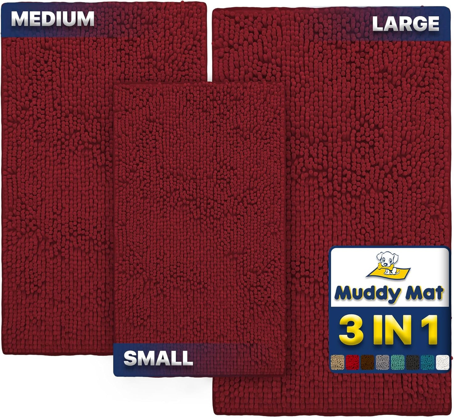 Muddy Mat® Pack of 3 Highly Absorbent Microfiber Dog Door Mat and Pet Rug, Non Slip Thick Washable Area Mat Soft Chenille for Kitchen Bathroom Bedroom and Outdoor - Red Small, Medium & Large