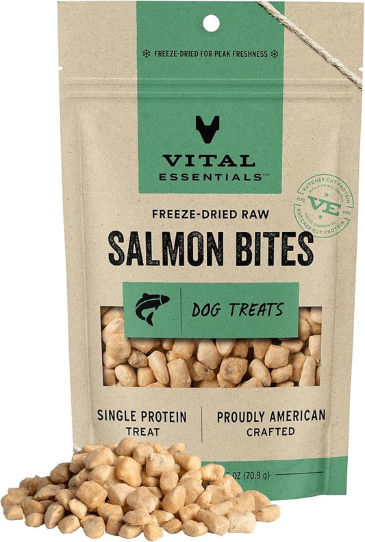 Vital Essentials Salmon Bites Dog Treats, 2.5 oz | Freeze-Dried Raw | Single Protein | Premium Quality High Protein Training Treats | Grain Free, Gluten Free, Filler Free