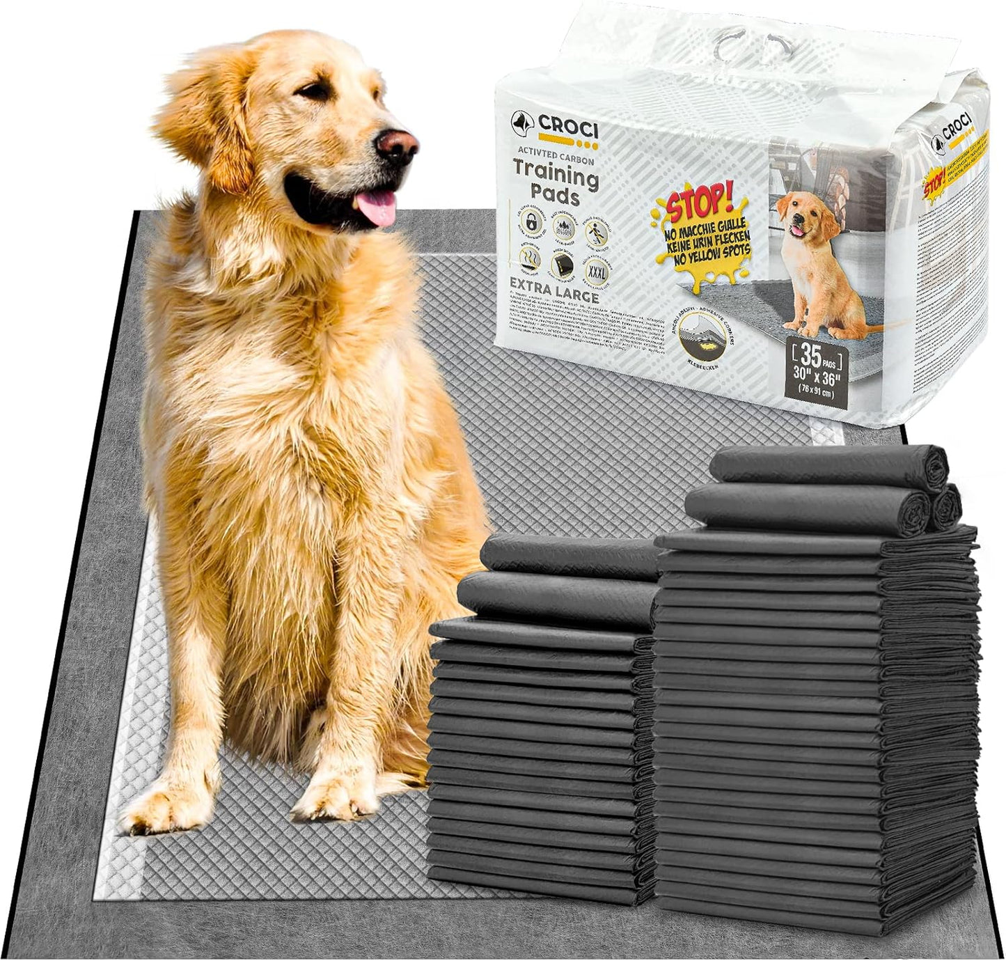 CROCI Pee Pads for Dogs XXL 30x36in, Charcoal Pet Pee Pads Odor-Control & Super Absorbent Up to 10 Cups, 6-Layer Quick Dry & Leak-Proof with Adhesive Tabs, Disposable (35 Counts)