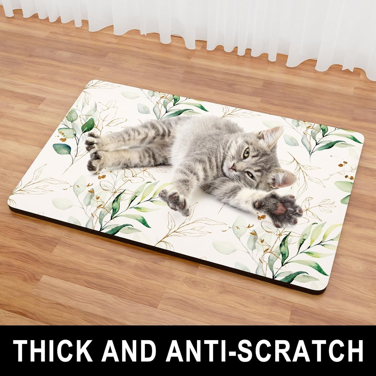 Dog Food Mat, 12" x 19" Minimalism Absorbent Dog Cat Bowl Mat for Food and Water, Cute Anti-Slip Rubber Pet Feeding Rug Protect Floors, Placemat for Feeding & Watering Supplies, Leaf