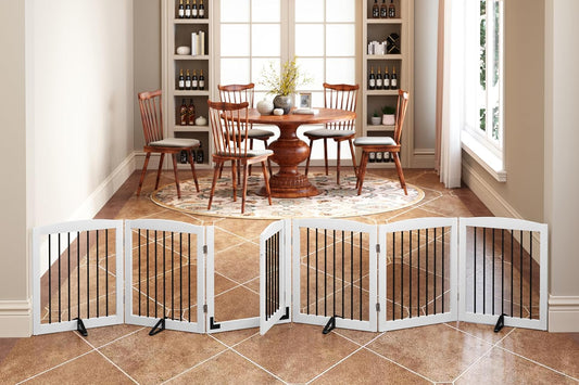 Freestanding Pet Gates with Walk Through Door, Dog Indoor Fence, Dog Gate for The House, Stairs, Extra Wide Pet Gate, Support Feet Included, 120 Inch Wide, 6 Panels 24" Tall, White & Black