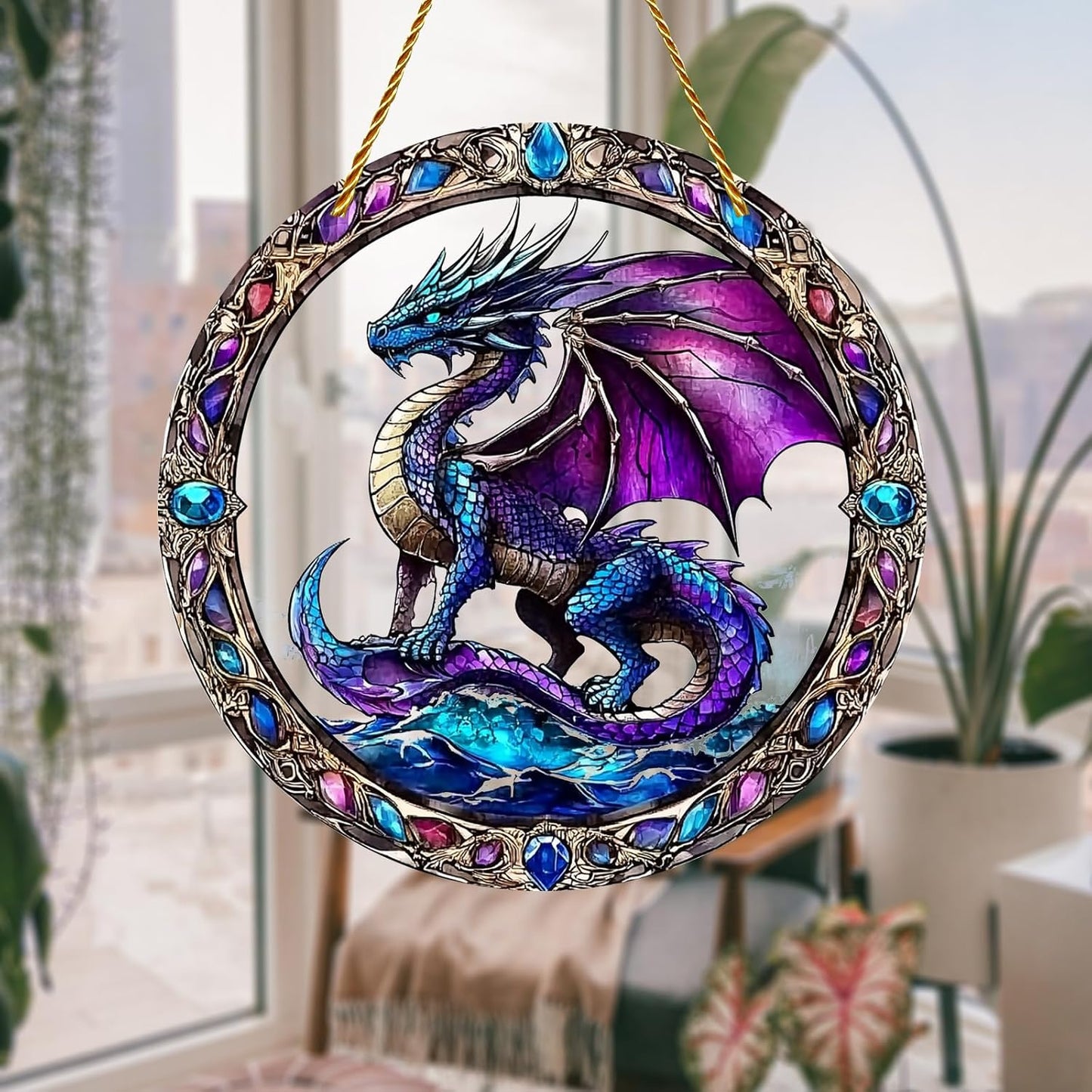 8x8 inch Charming Dragon Acrylic Stained Glass Window Hanging Sun Catcher Decor Stained Panel Hangings Wall Art Decor, for Friends and Family (Dragon)