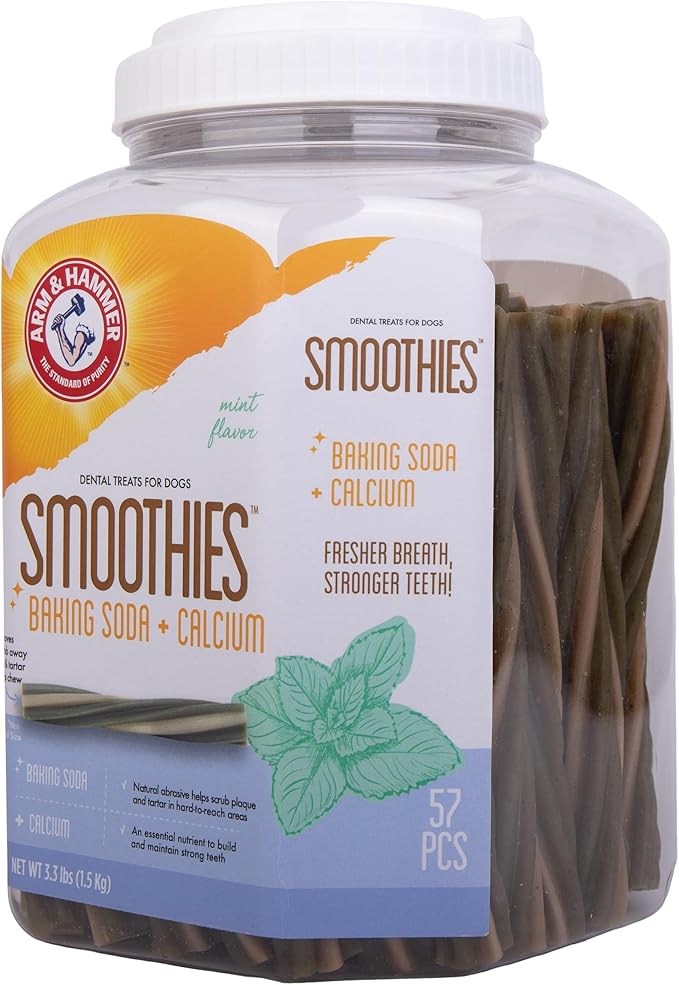 Arm & Hammer for Pets Smoothies Dental Treats for Dogs with Baking Soda and Calcium, Treat Chews Help Fight Bad Breath, Plaque & Tartar without Brushing, Mint, 57 Pcs (Packaging may vary)