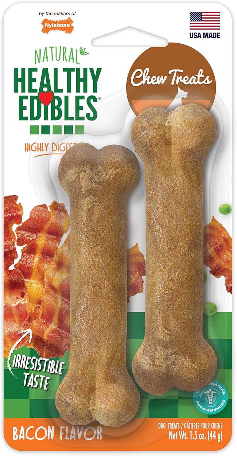 Nylabone Healthy Edibles Natural Dog Chews Long Lasting Bacon Flavor Treats for Dogs, X-Small/Petite (2 Count)