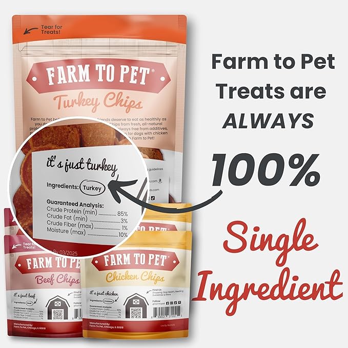 Farm To Pet - Dog Training Treats Starter Pack - Turkey 4oz + 2 Chicken + 2 Beef Snack Chips - Single Ingredient, All Natural, Lean, Hypoallergenic Treats for Small, Medium, Large Breeds & Puppies