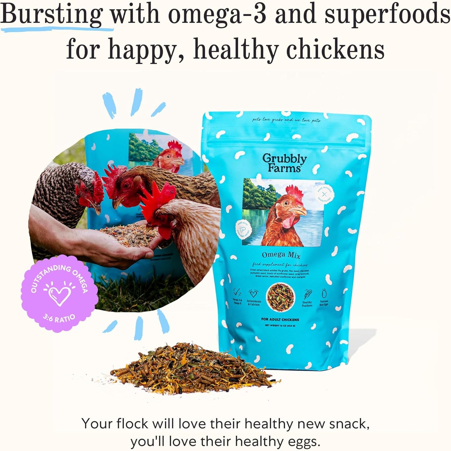 Grubbly Farms Omega Mix Chicken Treats for Laying Hens - Superfood and Omega-Rich Chicken Feed Supplement to Support Egg Production, Strong Eggshells and Nutritious Yolks - 1LB