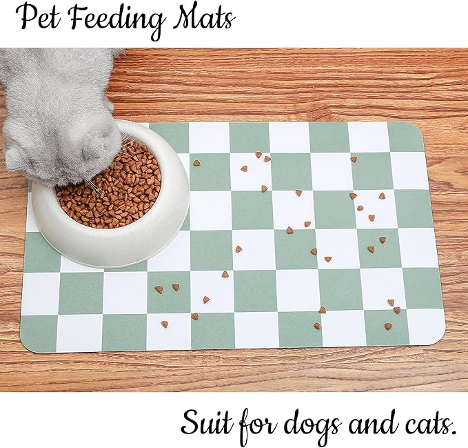 Ralxion Checkered Dog Feeding Mat, Absorbent Mats for Dog Food and Water Bowl, Dispenser, Modern Aesthetic Sage Green Checkerboard Pet Placemat for Dogs, Cats, Puppy, 16" X24”