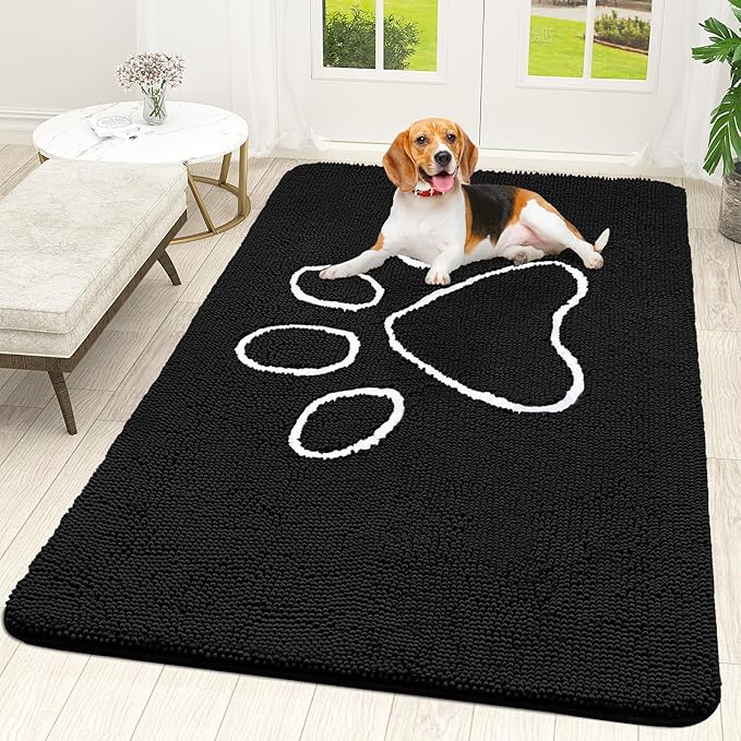 OLANLY Door Mat for Muddy Dog Paws 70x46, Ultra Absorbent Chenille Mud Doormat with Paw Print Design, Non-Slip Washable Doormat for Indoor Entryway, Quick-Dry Pet Bed Mats for Dirty Dogs, Black