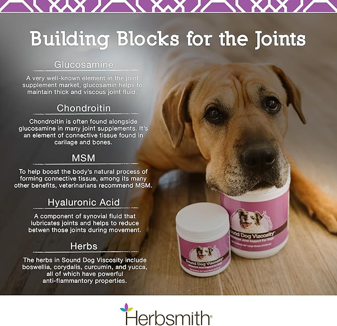 Herbsmith Sound Dog Viscosity – Advanced Joint Support for Dogs – Veterinarian Recommended Glucosamine for Dogs, Hyaluronic Acid, Chondroitin, MSM – Natural Arthritis Pain Relief – 120ct Large Chews