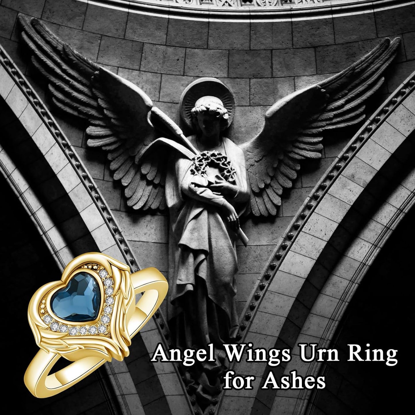 AOBOCO Personalized Angel Wings Urn Rings Holds Loved Ones Ashes for Women Heart Cremation Keepsake Ring Memorial Jewelry, Custom with Name and Crystal-Sterling Silver/Gold/Rose Gold