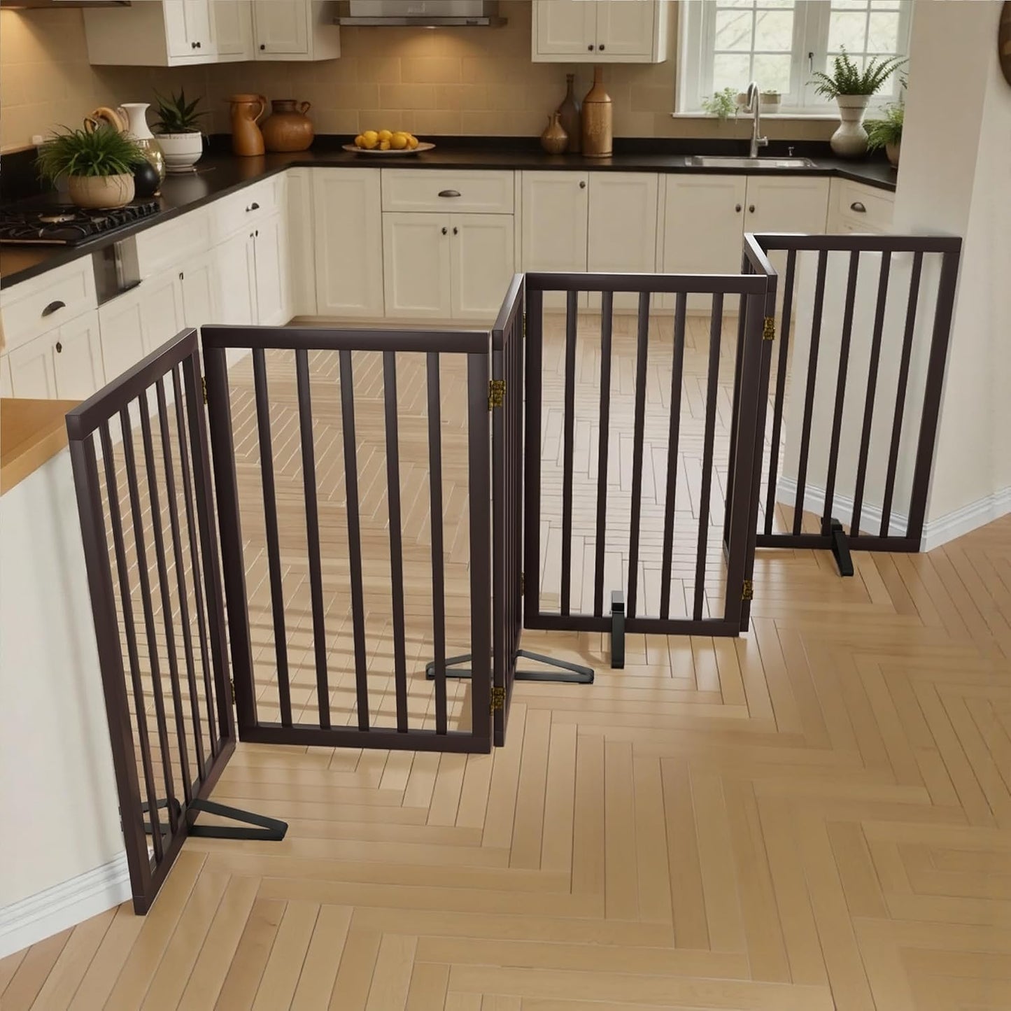 Dog Gate for Doorways 32" Tall Freestanding Dog Gate for Stair Foldable Pet Gate for Dogs Indoor (Brown,6 Panel)