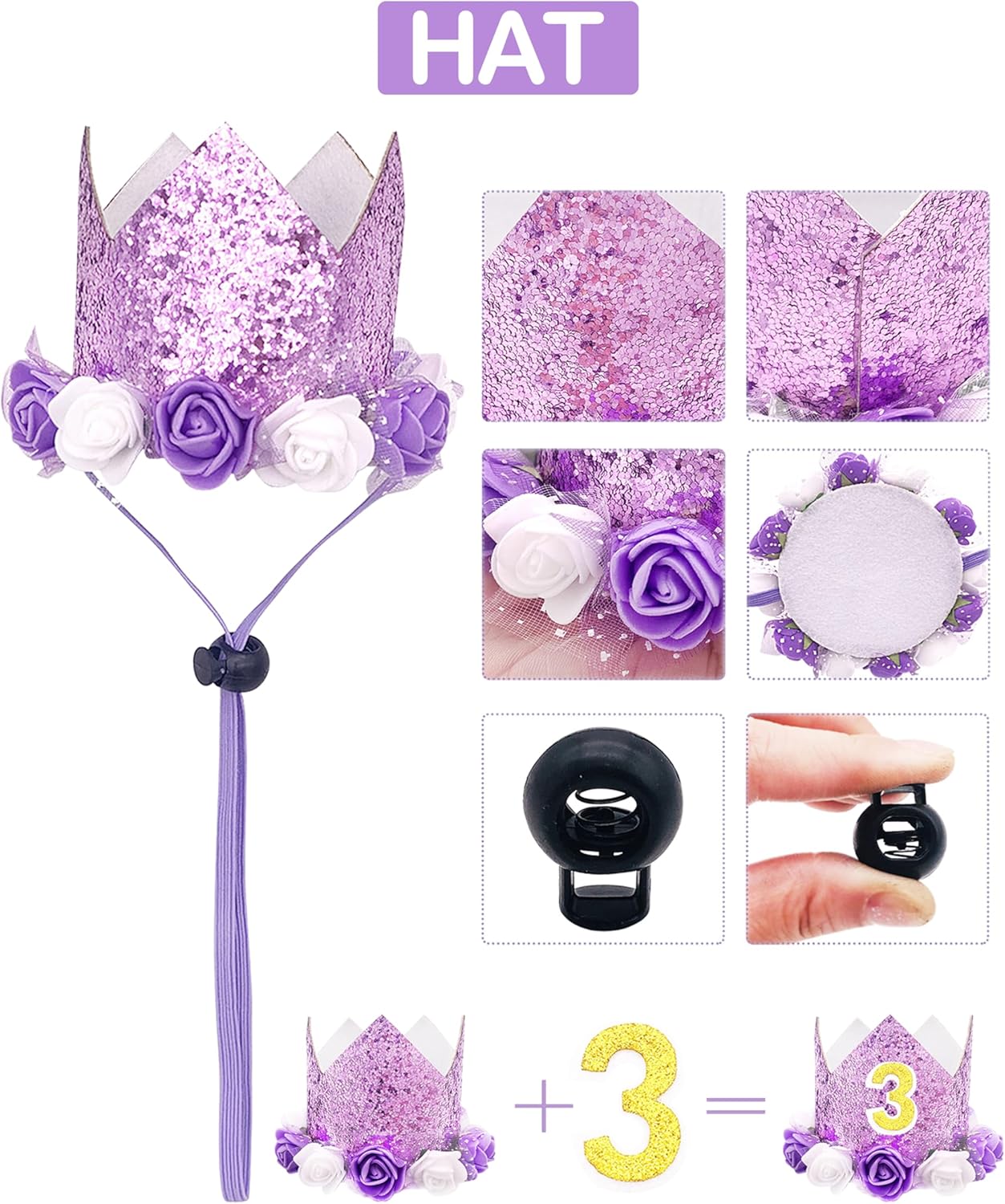 PET SHOW Purple Crown Dog Birthday Party Hat with Bandana Set for Girls Reusable Party Supplies Cat Kitten Headband with 0-9 Numbers Charms Costume Accessories with Glue