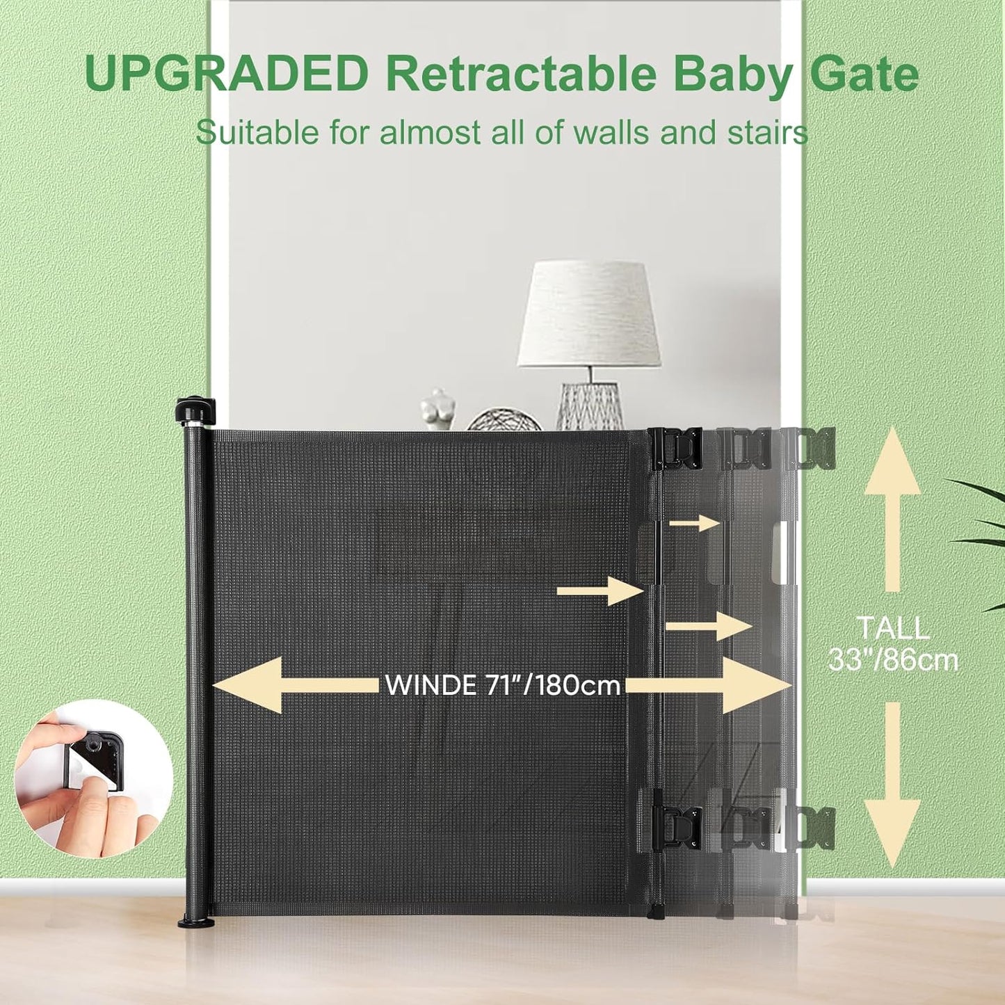 Upgraded Retractable Baby Gate, Extra Wide Safety Kids or Pets Gate, 33” Tall, Extends to 71” Wide, Mesh Safety Dog Gate for Stairs, Indoor, Outdoor, Doorways, Hallways(33”x71”, Black)