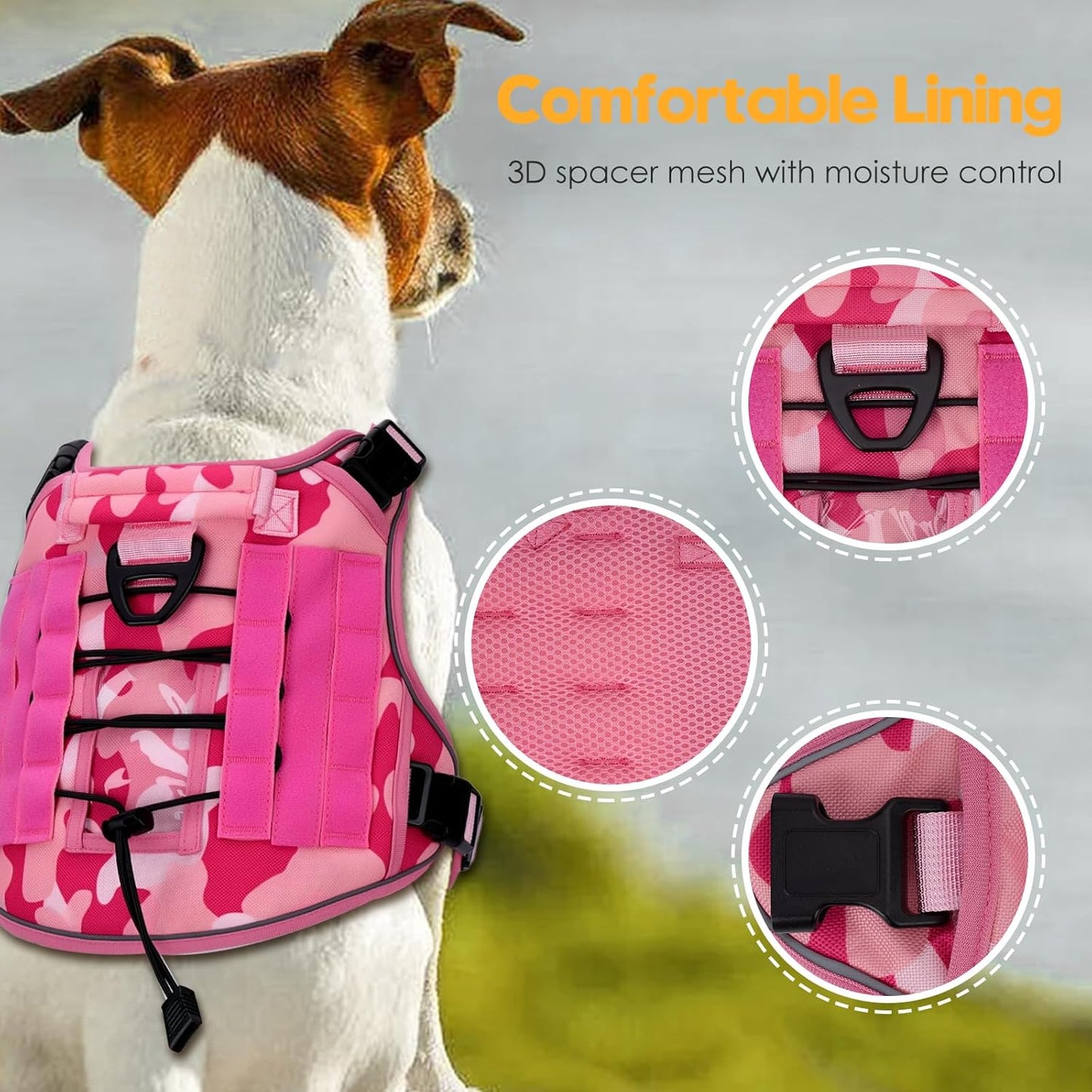 Heavy-Duty Tactical Dog Harness for Large Dogs, No Pull Adjustable Reflective Pet Vest with Molle System, K9 Military-Grade Control for Service Training, Outdoor & 10+ Breeds, Pink Camo, Large