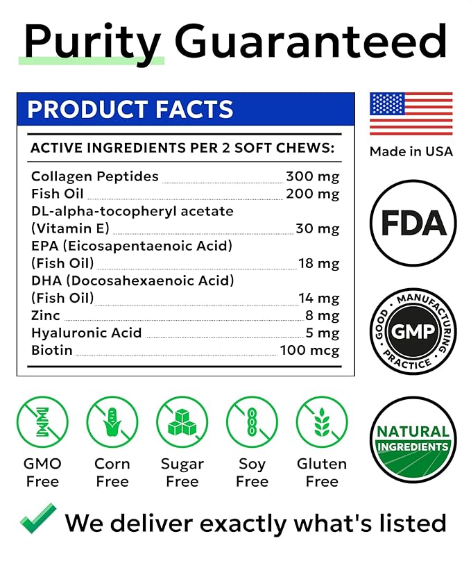 BARK&SPARK Advanced Omega-3 Collagen for Dogs - 180 Fish & Salmon Oil Treats for Dog Shedding, Skin Allergy Chews, Itch Relief, Hot Spots Treatment - Jointm Skin & Coat Supplement, EPA&DHA Fatty Acids