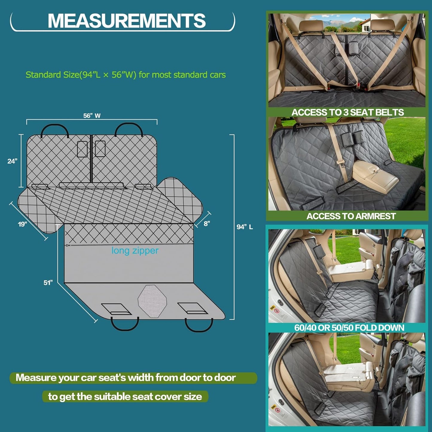 Car Dogs All Covered Back Seat Cover with Mesh Window, Bench and Hammock Combination Detachable Pet Seat Cover Suitable for Most Vehicles (Grey, Standard)