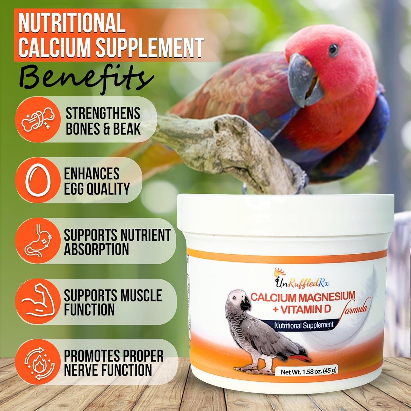 Bird Calcium Plus with Magnesium and D3, Dissolves Clear and Tasteless in Water, Supports Bone, Muscle, Feather and Egg Health, 45 Servings, Made in FDA-Registered USA Facility