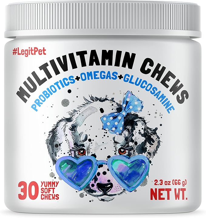 Dog Vitamins - 30 Multivitamins Chews w/Glucosamine Chondroitin, Probiotics Digestive Enzymes and Omegas - Supplement for Overall Health - Joint Support, Immune Health, Skin and Heart Health