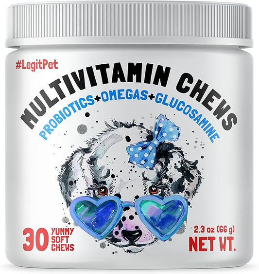 Dog Vitamins - 30 Multivitamins Chews w/Glucosamine Chondroitin, Probiotics Digestive Enzymes and Omegas - Supplement for Overall Health - Joint Support, Immune Health, Skin and Heart Health