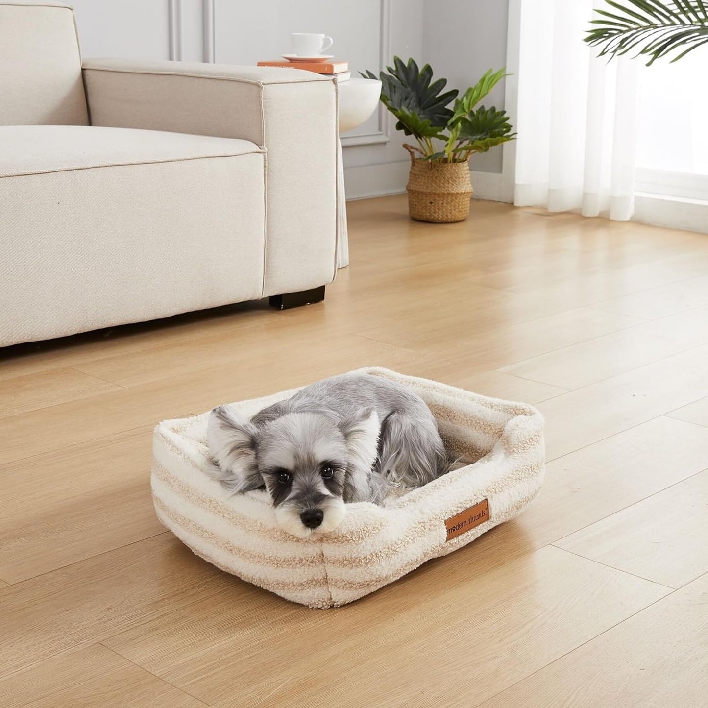 Modern Threads Plush Sherpa Pet Bed for Small and Medium Dogs Ultra Soft Cuddler with Raised Edges for Extra Comfort, Beige