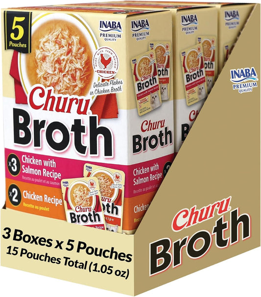 INABA Churu Broth for Cats, Creamy Broth with Shredded Chicken Side Dish Pouch, 1 Ounce per Pouch, 15 Pouches, Chicken Variety Pack