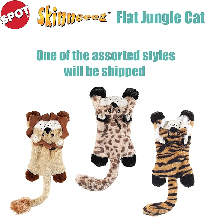 SPOT Skinneeez Flat Cat 11.5 Inch Stuffing-Free Plush Squeaky Dog Toy – Soft Interactive Toy for Mini and Small Dogs – Mess-Free Play for Light Chewers – Assorted Styles