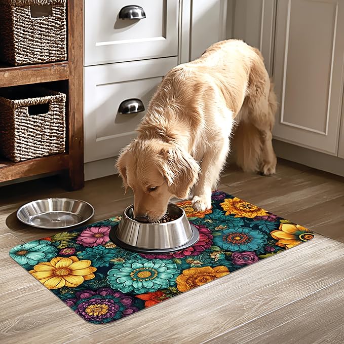 Vintage Floral Pet Feeding Mat-Quick Dry Absorbent Dog Cat Food Mat, Anti-Slip Water Bowl Mats for Messy Eaters-No Stains Indoor Pet Accessories 12"x20"