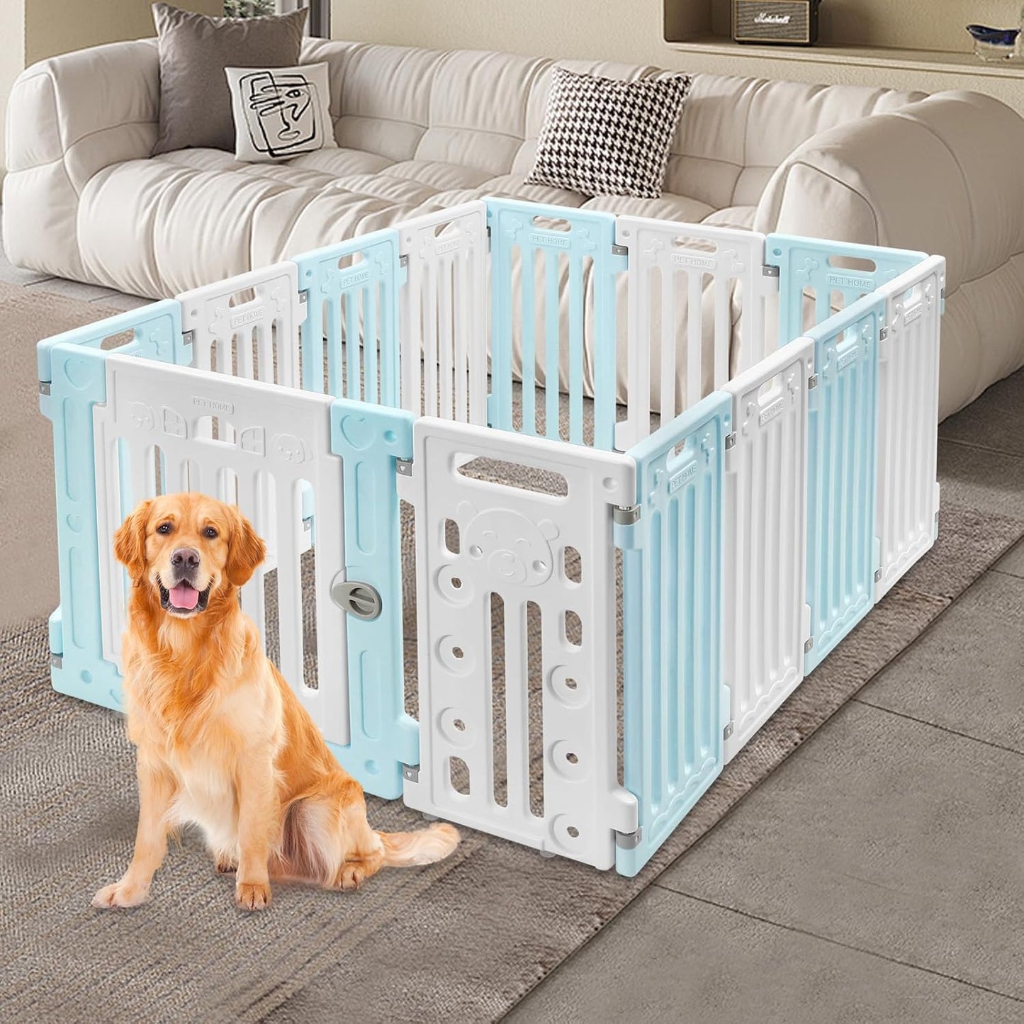 Dog Playpen with Door, 12 Panels Pet Safety Fence Foldable Puppy Pen Indoor Dog Fence, Plastics Enclosure Dog Pen Indoor for Small Dogs and Cats, Easy Assemble (Blue)