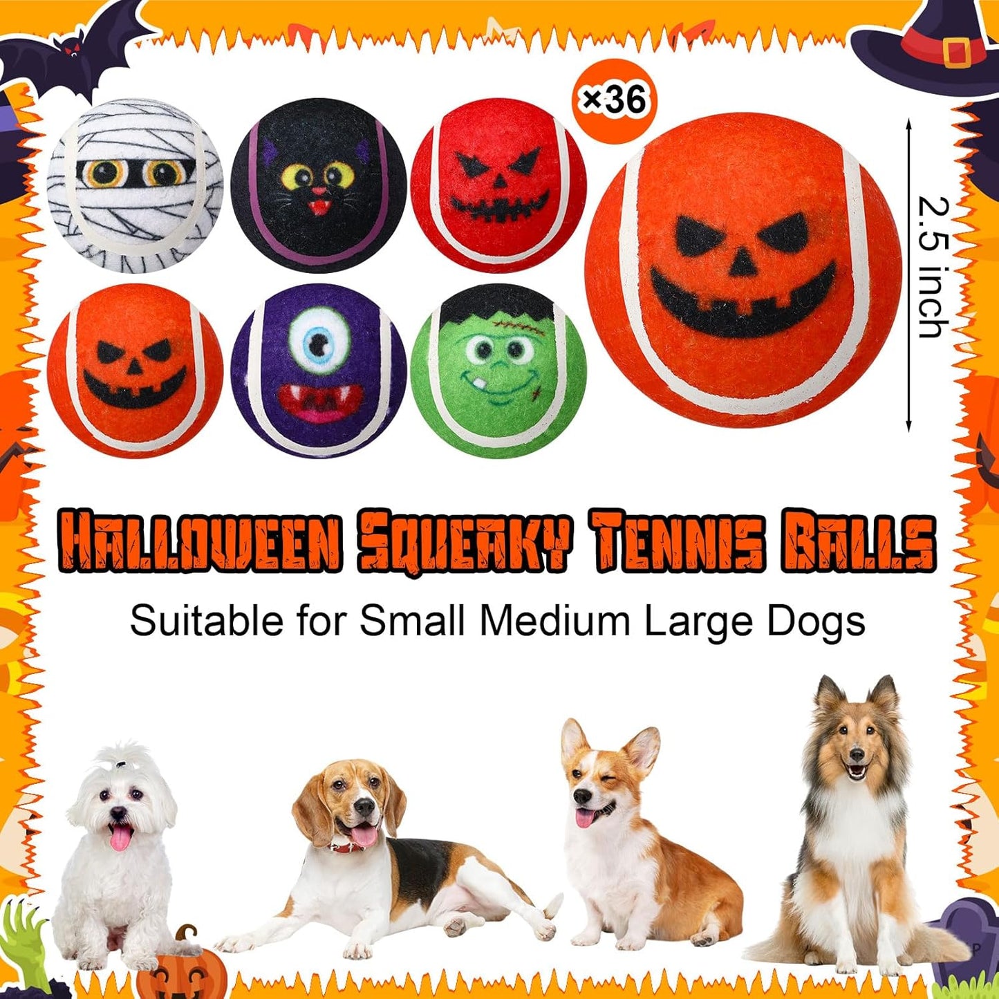 Civaner 36 Pcs Halloween Dog Toys Bulk, 2.5 Inch Squeaky Tennis Balls for Small Medium Large Dogs Pets Puppy Chew Teething Toy Interactive Training Gifts Xmas Stocking Stuffers