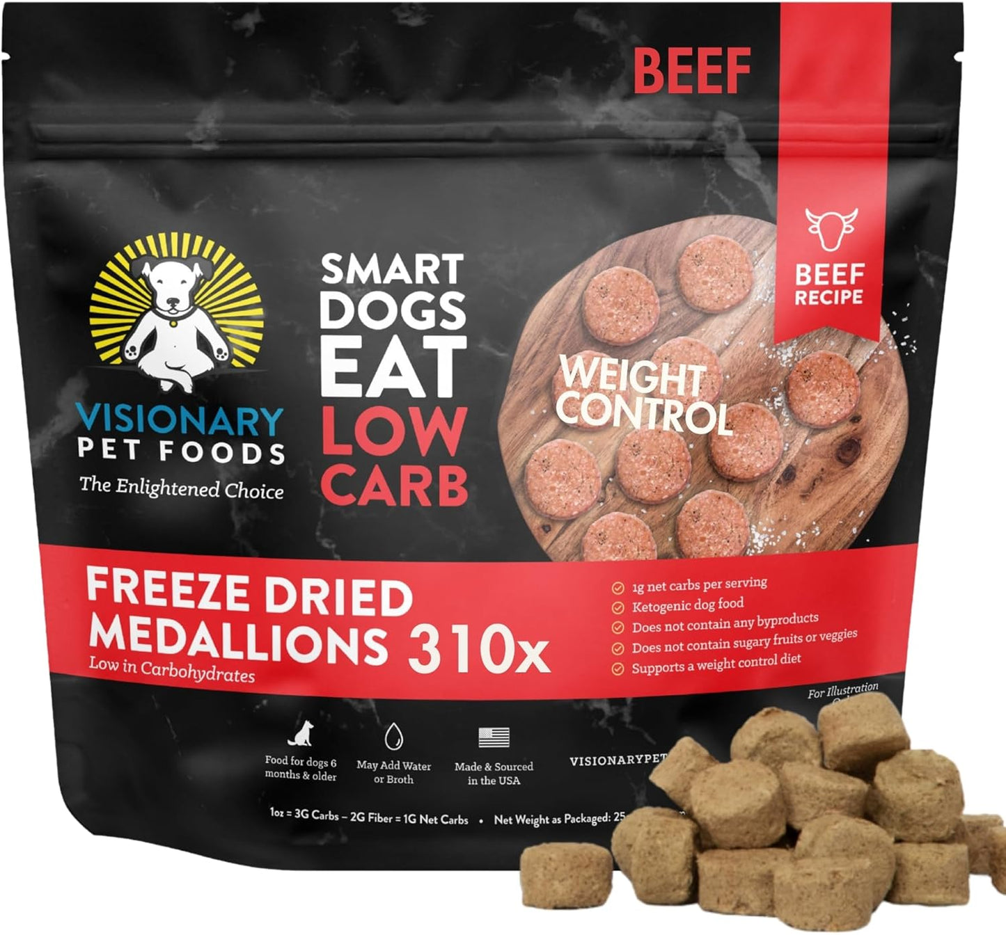 Visionary Pet Foods Beef Freeze Dried Dog Treats - 310x Medallions Keto and Diabetic Friendly - Additive Free, Made in USA Low Carb, High Protein - Healthy Dog Training Treats, Resealable Bag