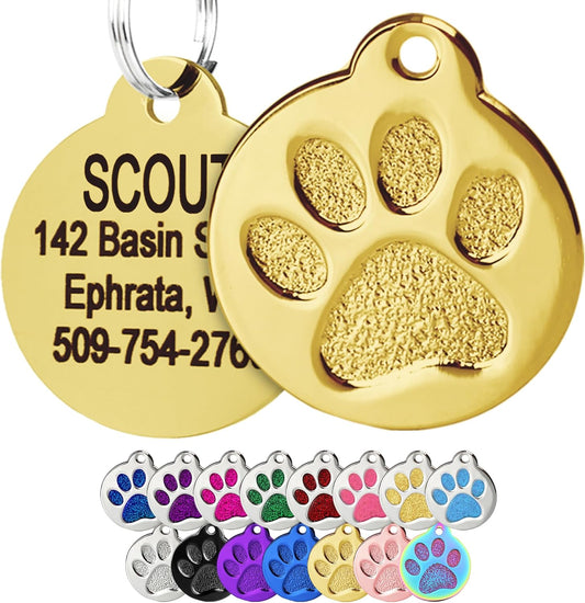 GoTags Paw Print Round Stainless Steel Pet Tag for Dogs and Cats, Personalized with 4 Lines of Custom Engraved ID Name and Number, in Stainless Steel and 15 Colors Small and Large, Gold