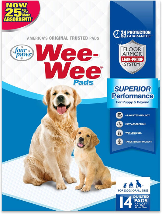 Four Paws Wee-Wee Superior Performance Unscented Pee Pads for Dogs & Puppies, Quilted Leak-Proof Dog Housebreaking Potty Training Floor Protection, 22" x 23", 14 Count