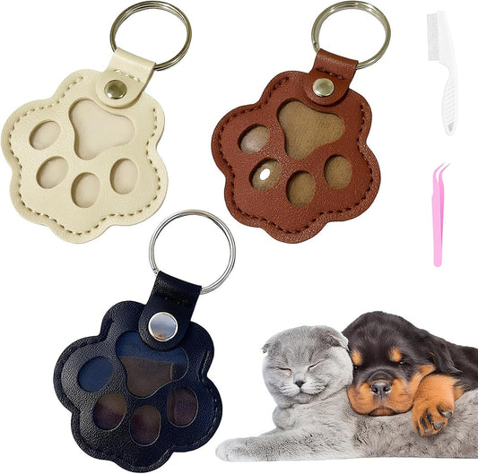 Cat & Dog Hair Keychain - Paw Shaped Leather Memorial Keepsake for Dog Cat Fur Storage, Pet Fur Keepsake Collector with Refillable Capsule (3PCS)