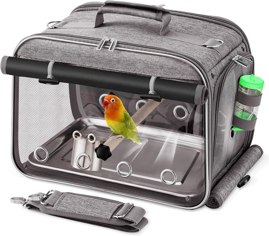 Suertree Bird Carrier Airline Approved, Bird Travel Cage with Indestructible Stainless Steel Mesh, Bird Travel Bag Lightweight and Portable with Water Bottle and Bowl