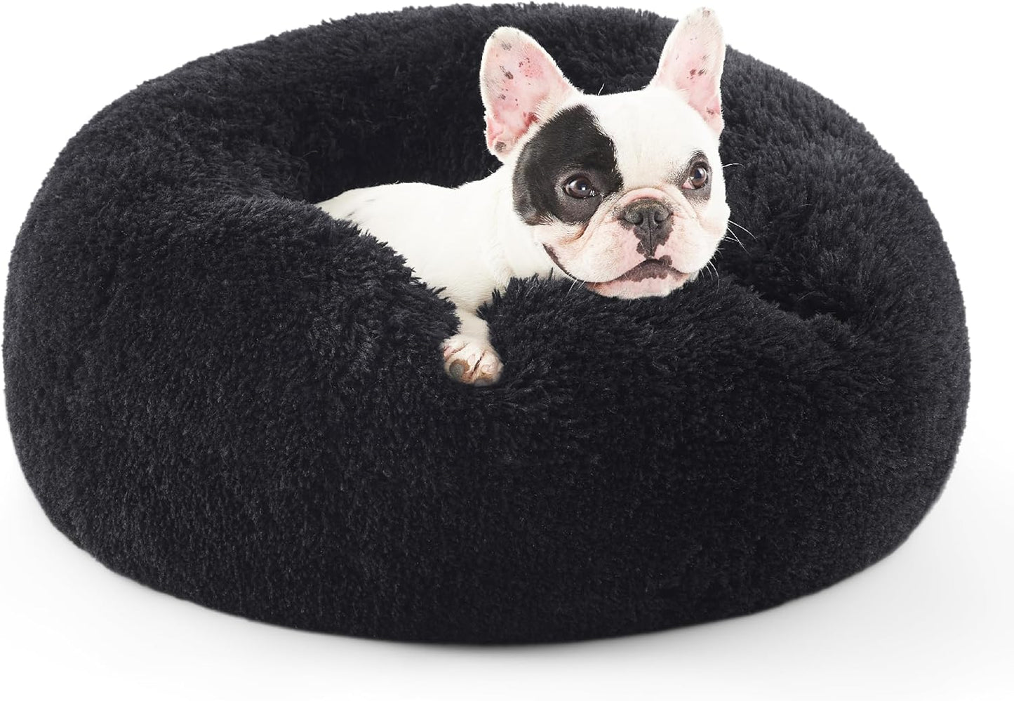 Bedsure Calming Dog Bed for Small Medium Dogs - Donut Washable Medium Pet Bed, 27 inches Anti-Slip Round Fluffy Plush Faux Fur Cat Bed, Black